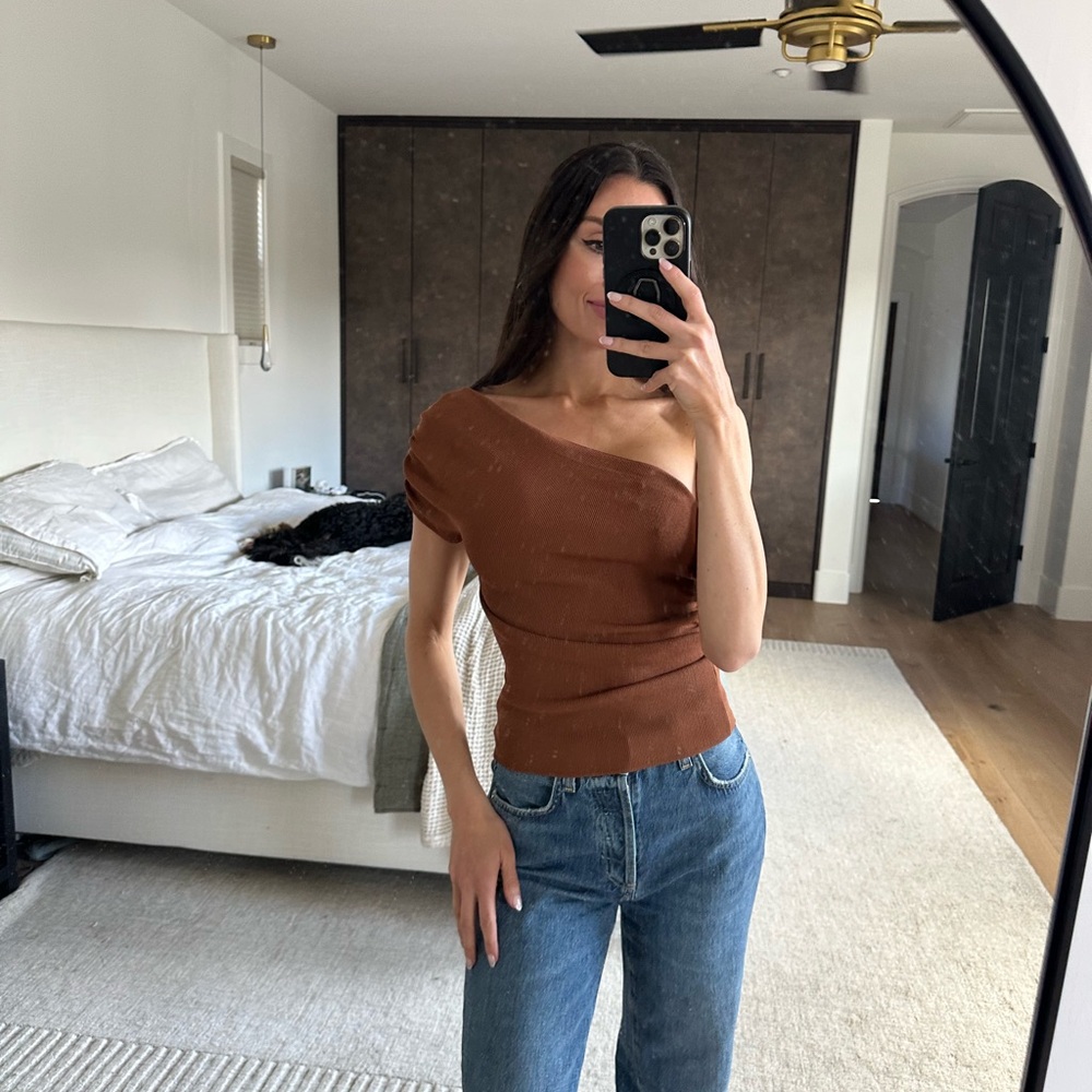 Zara Brown One-Shoulder Top